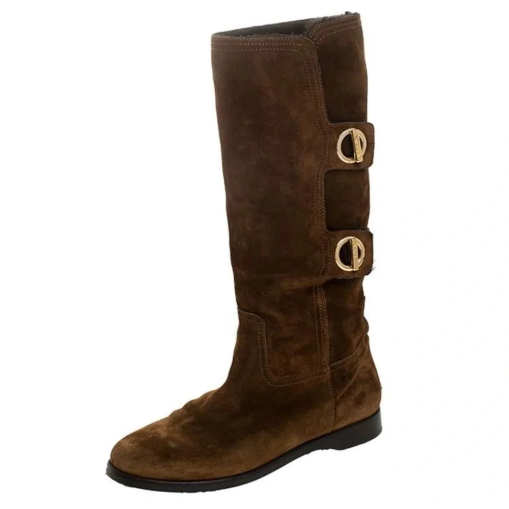 JIMMY CHOO Chocolate Brown Suede Mid-Calf Double Toggle Gold Hardware Boots 37.5
